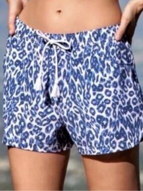 NEW Johnny Was CALME  Blue Leopard Print Board Drawstring Beach Shorts Medium